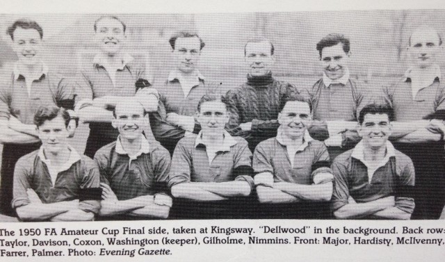 1950 FA Amateur Cup Final team photo of Bishop Auckland FC players and staff, including goalkeeper Gilholme, Nimmins, and team captain Farrer, taken at Kingsway, showcasing historic football heritage.