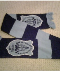 Bishop Auckland FC scarf with team emblem in blue, white, and black, perfect for supporters, fans, and sports memorabilia collection.