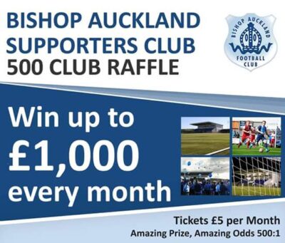 £1,000 monthly prize draw for Bishop Auckland FC supporters club, promoting football, tickets, and community engagement.