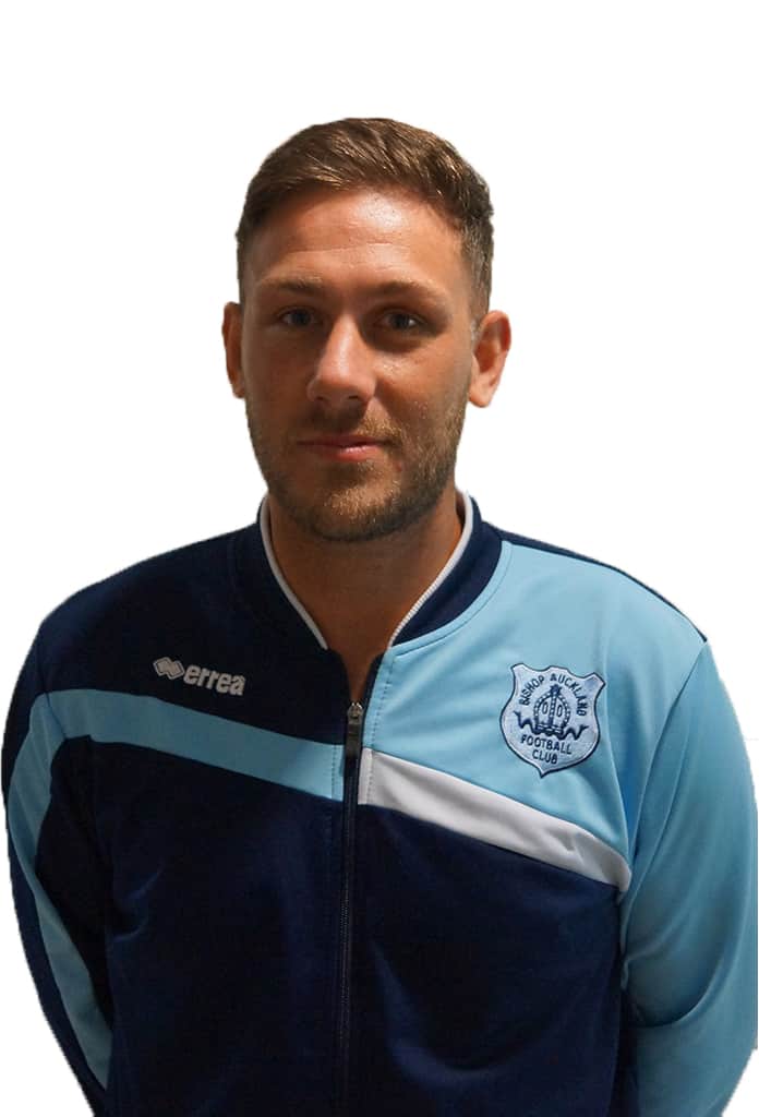 Athletic man in Bishop Auckland FC training jacket, football team footballer, sportswear, close-up portrait, club logo, English football, sports team apparel, athlete profile, soccer clubmember, team spirit.