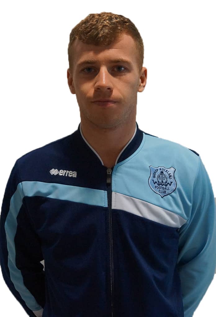 Young football player representing Bishop Auckland FC in official team kit, showcasing club colours and logo, in a professional team portrait.
