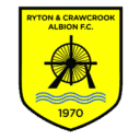 Ryton & Crawcrook Albion F.C. logo showcasing a yellow shield with a black and yellow emblem, established in 1970, representing local football pride.