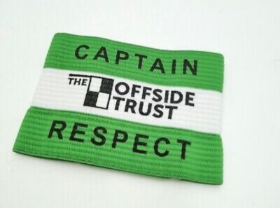 Captain armband with Offside Trust logo and the words respect and leadership in green and white colours for Bishop Auckland FC.
