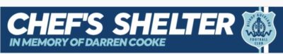 Bishop Auckland FC team logo with text "Chef's Shelter in memory of Darren Cooke" and club badge.
