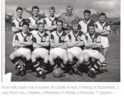 Historic black and white photo of Bishop Auckland FC football team, featuring players in classic kits, posed outdoors on the pitch for a team portrait.