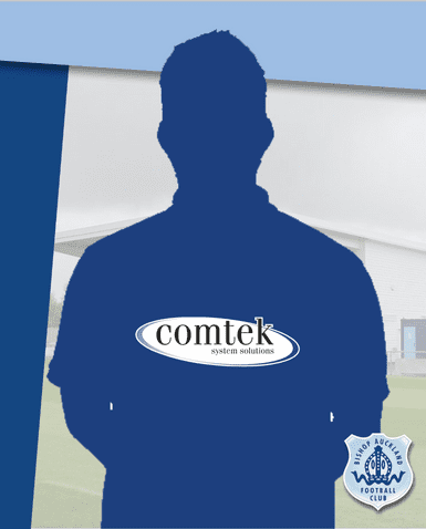 Silhouette of a Bishop Auckland FC player wearing team kit with Comtek logo, standing in stadium background, showcasing local football club spirit and team sponsorship.