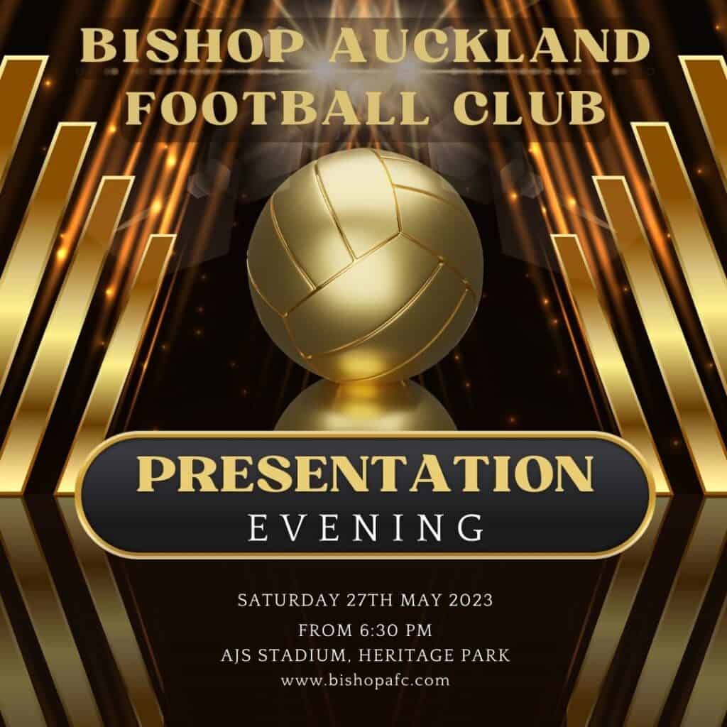 Gold football trophy with glowing golden accents and bold text promoting Bishop Auckland FC presentation evening.