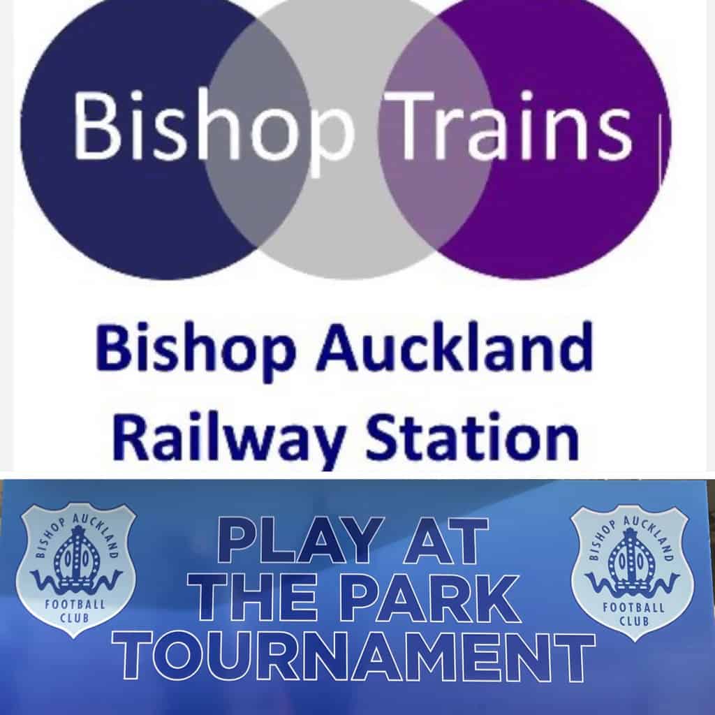 Bishop Auckland FC railway station sign promoting local football matches and transport access.