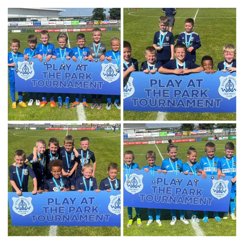 Youth children participating in Bishop Auckland FC youth football tournament at local park.