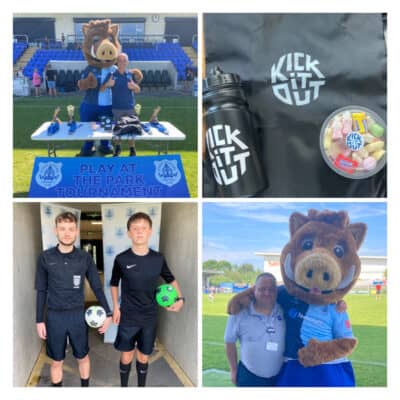 Official Bishop Auckland FC football tournament celebration with mascot; Kick It Out branded merchandise and snacks; young players holding colourful footballs; mascot posing at football ground with staff; promotion of community football events and sponsorships.