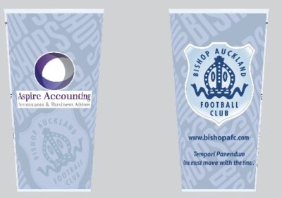 Aspire Accounting and Bishop Auckland FC promotional banners featuring local football club branding.