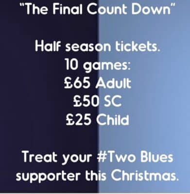 Half season tickets for Bishop Auckland FC, including 10 games for £65 adult, £50 concession, and £25 child, perfect for Blue supporters this Christmas.