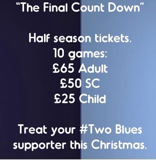 Half season tickets for Bishop Auckland FC, including 10 games for £65 adult, £50 concession, and £25 child, perfect for Blue supporters this Christmas.