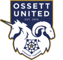 Ossett United crest logo, featuring a unicorn and ram, representing strength and unity for the football club established in 2018.