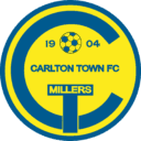 Carlton Town FC badge with yellow and navy colours, featuring a football and the text 'Carlton Town FC Millers' with the year 2004.