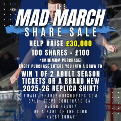 Share sale for Bishop Auckland FC to help raise funds.