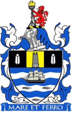 Bishop Auckland FC crest, featuring a shield with a lion, lighthouse, and ship, symbolising local heritage and maritime history in County Durham, England.