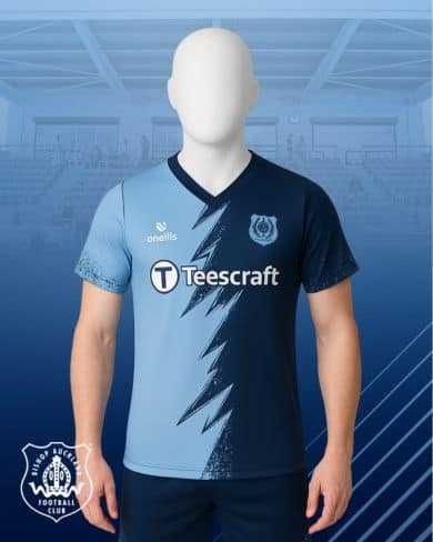 Official Bishop Auckland FC home football jersey featuring club crest, Teescraft sponsor, and modern design in blue shades, perfect for fans and players.
